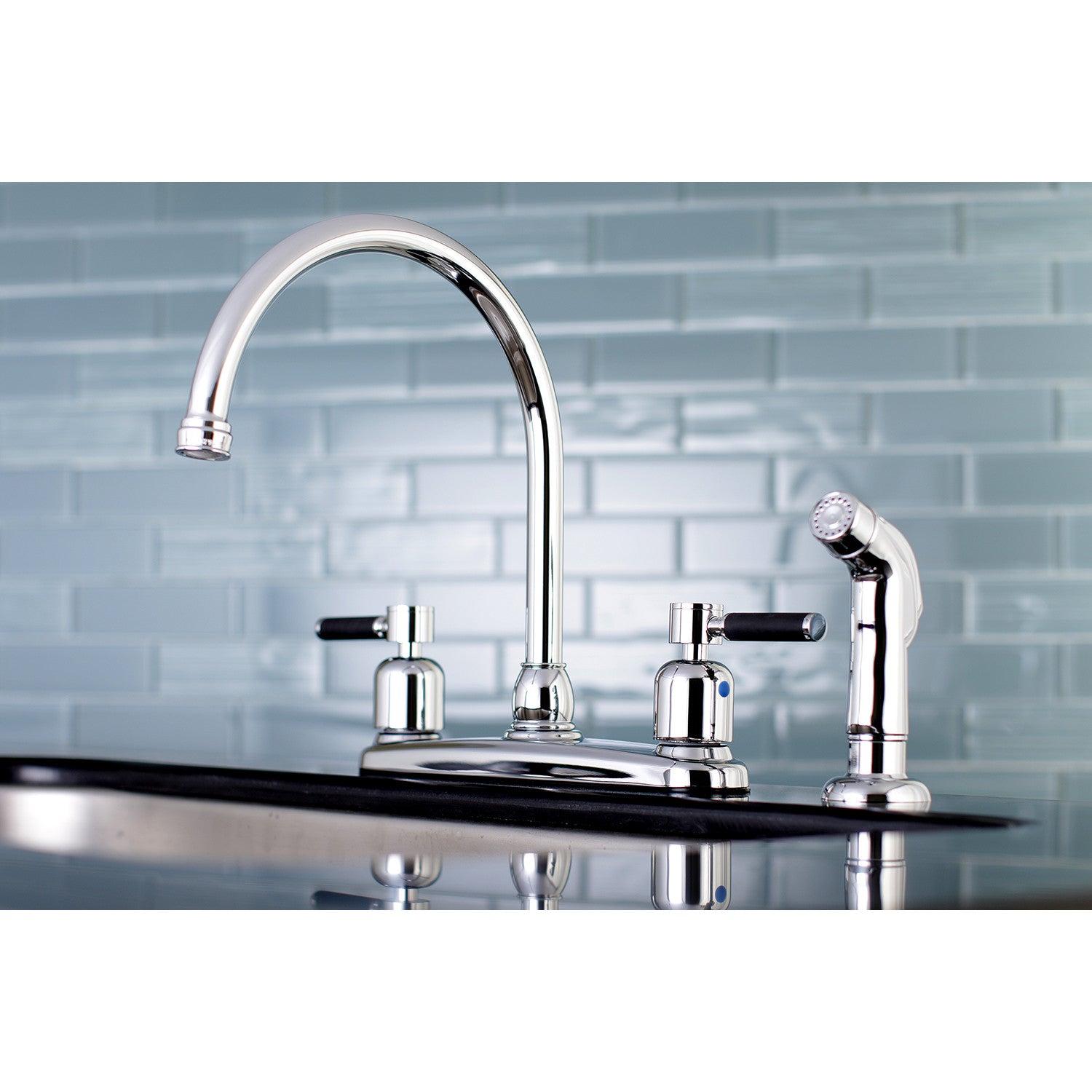 Kingston Tulare FB791DKLSP - Kaiser Two-Handle 4-Hole 8" Centerset Kitchen Faucet with Side Sprayer, Polished Chrome — thumbnail 2